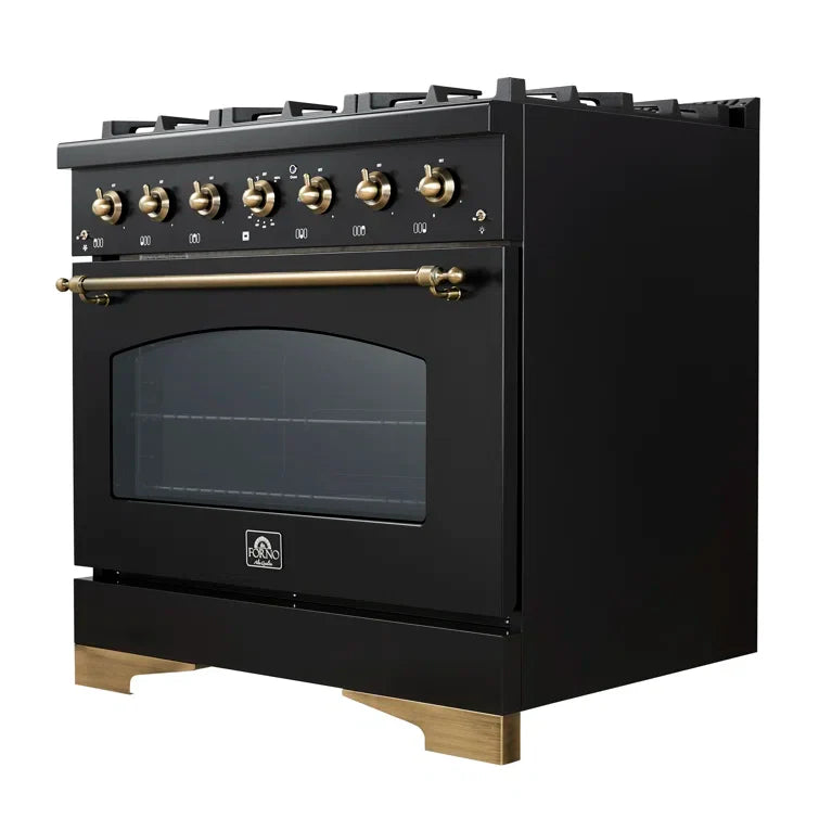 Forno Antico 36" Dual Fuel Range with 6 Burners - Black or White, Antique Brass Accents image 2