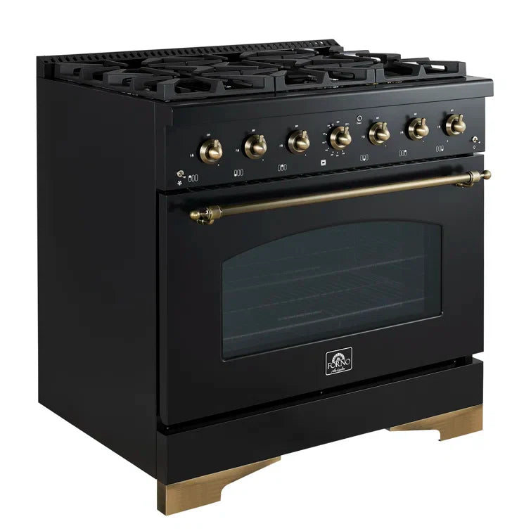 Forno Antico 36" Dual Fuel Range with 6 Burners - Black or White, Antique Brass Accents image 3