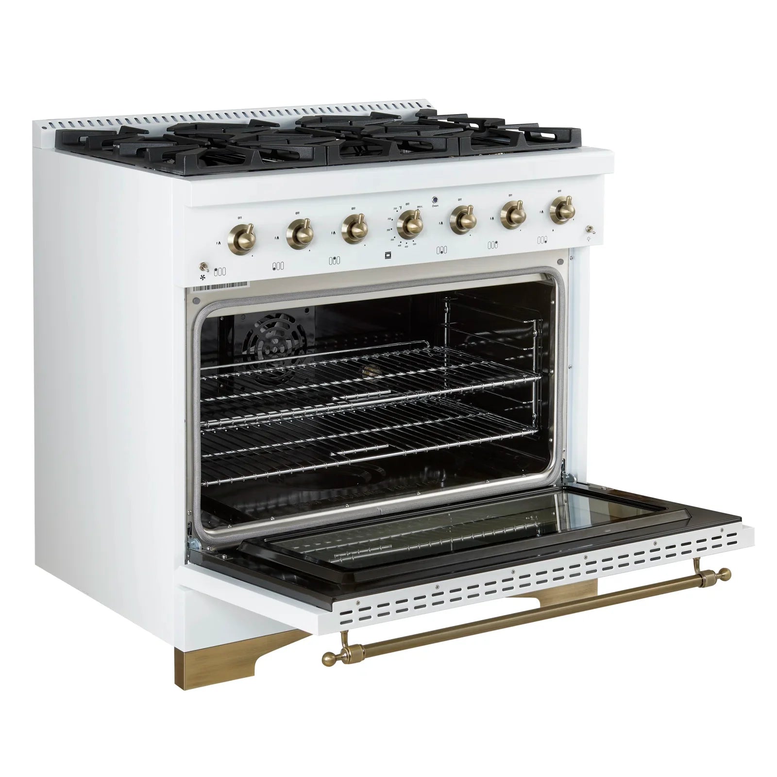Forno Antico 36" Dual Fuel Range with 6 Burners - Black or White, Antique Brass Accents image 14