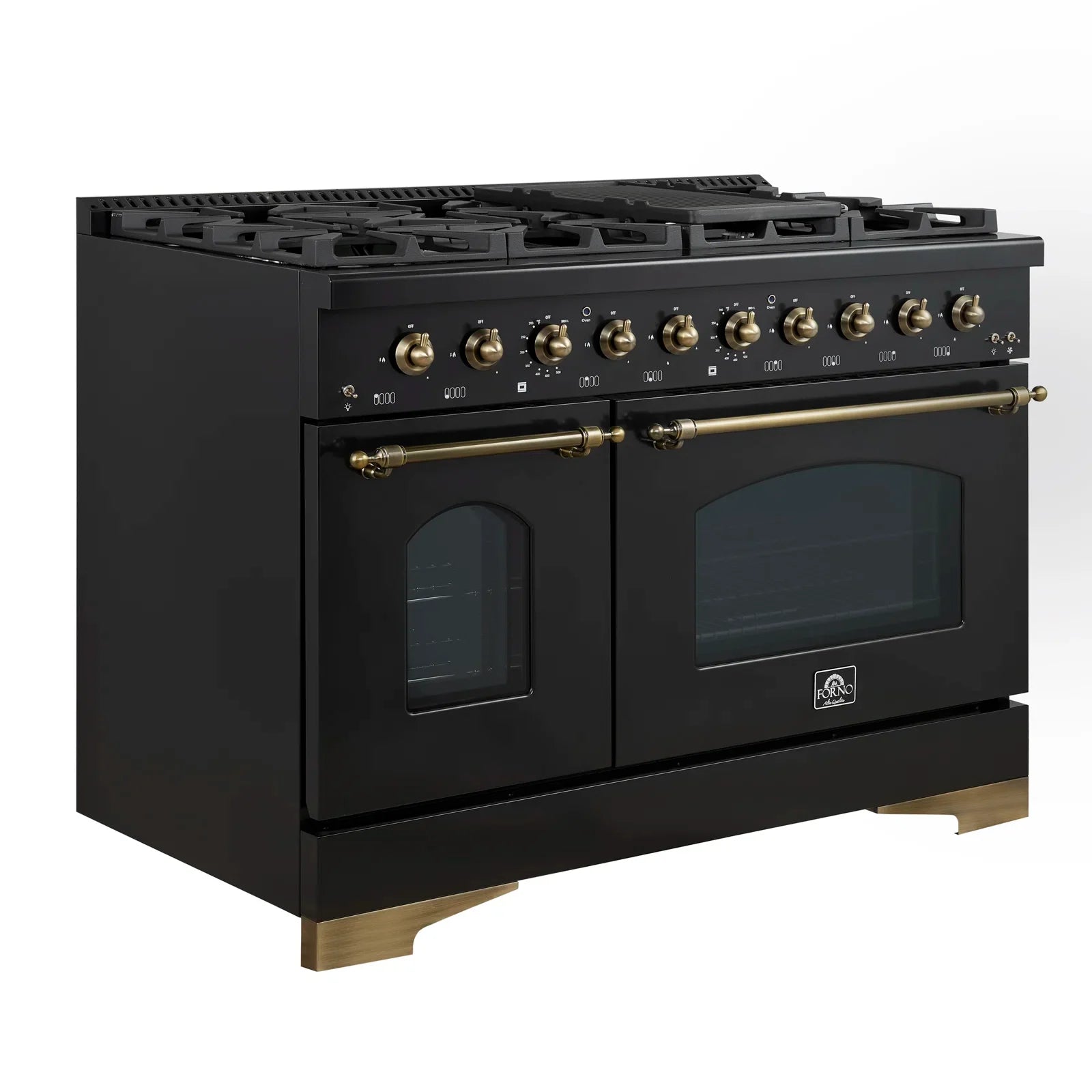 Forno Antico 48" Dual Fuel Range with 8 Burners and Griddle - Black or White, Antique Brass Accents image 2