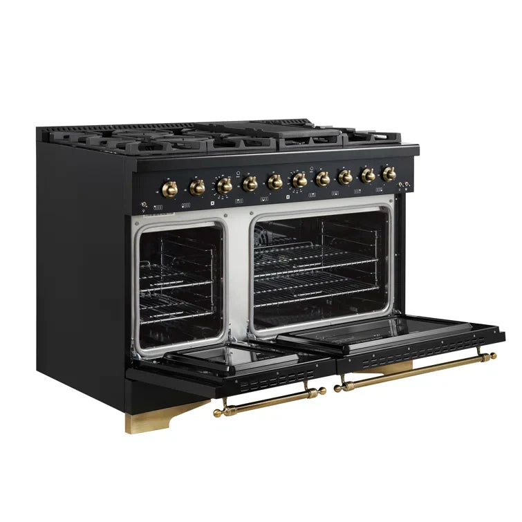 Forno Antico 48" Dual Fuel Range with 8 Burners and Griddle - Black or White, Antique Brass Accents image 4