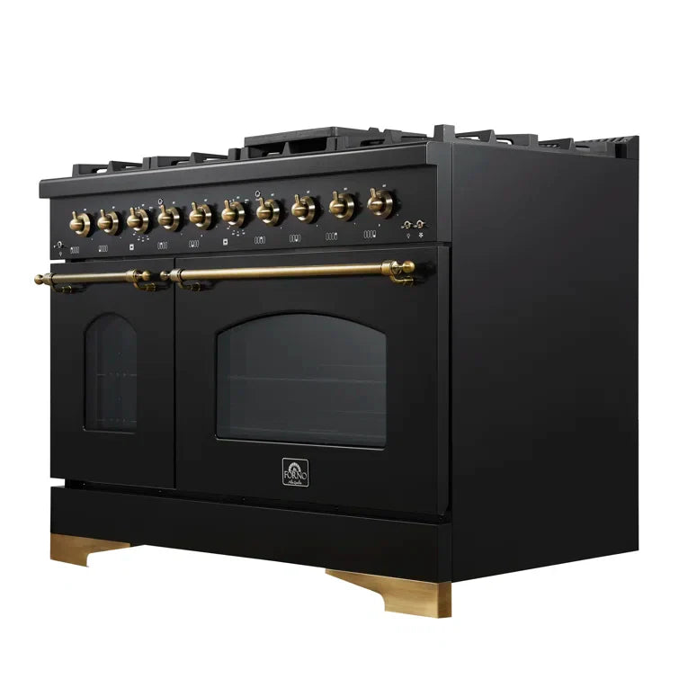 Forno Antico 48" Dual Fuel Range with 8 Burners and Griddle - Black or White, Antique Brass Accents image 3