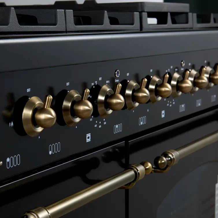 Forno Antico 48" Dual Fuel Range with 8 Burners and Griddle - Black or White, Antique Brass Accents image 5