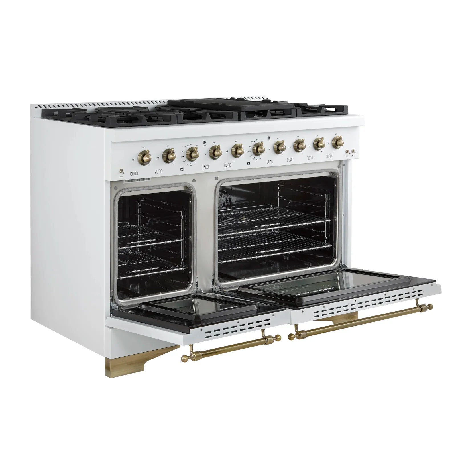 Forno Antico 48" Dual Fuel Range with 8 Burners and Griddle - Black or White, Antique Brass Accents image 16