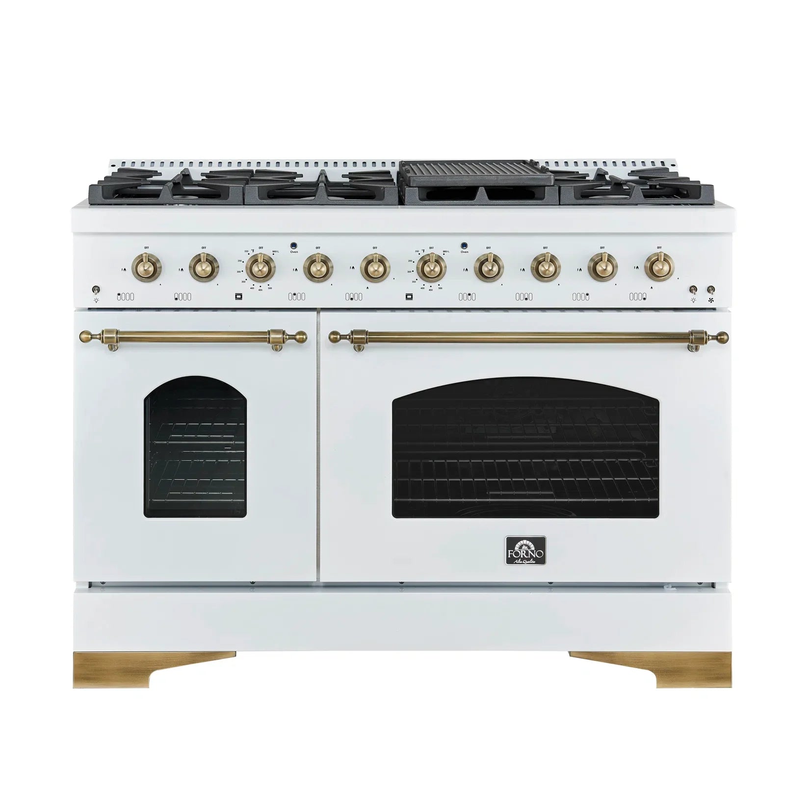 Forno Antico 48" Gas Range with 8 Burners and Griddle - Black or White, Antique Brass Accents image 12