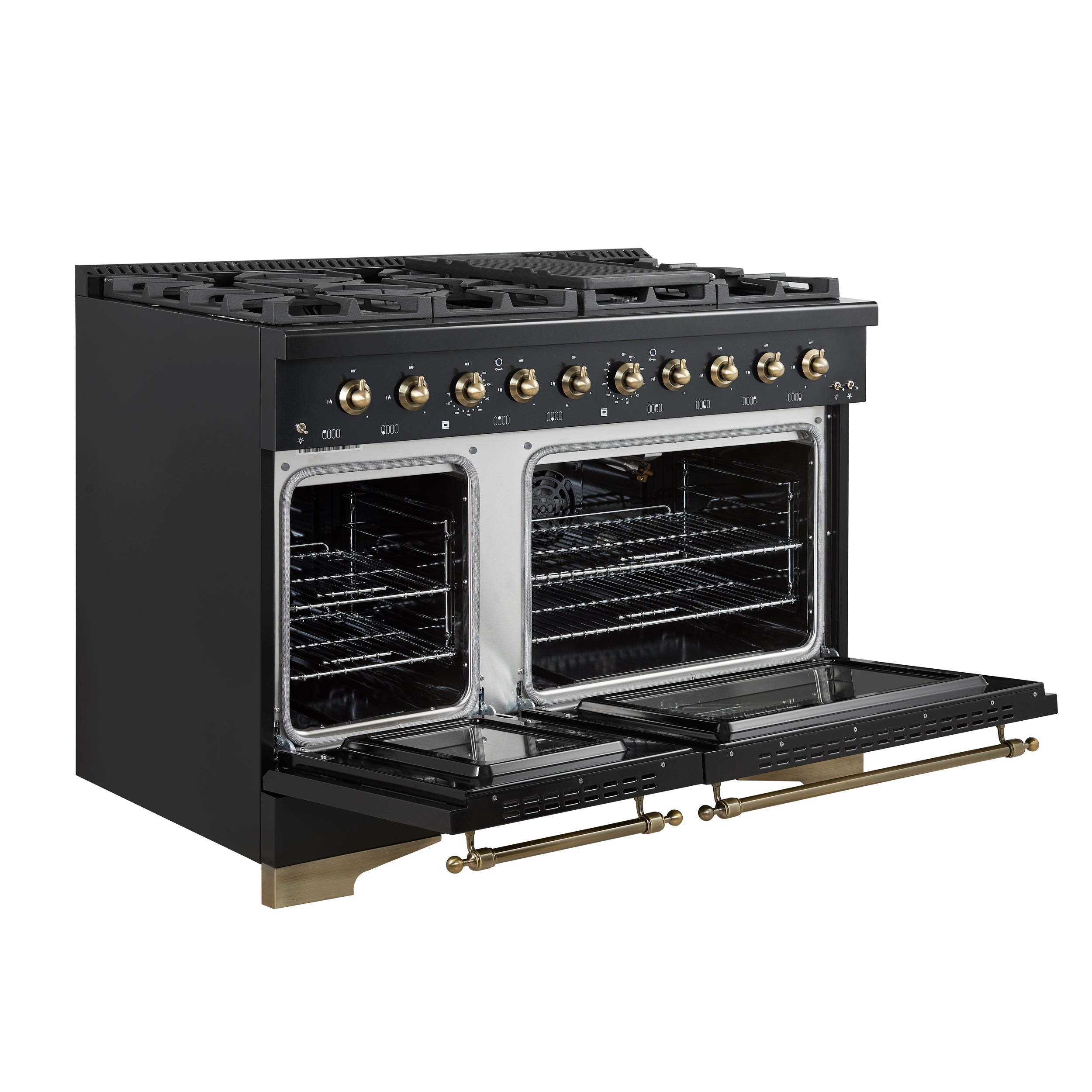 Forno Antico 48" Gas Range with 8 Burners and Griddle - Black or White, Antique Brass Accents image 3