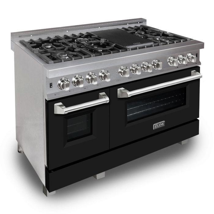 ZLINE 48 in. Professional Gas Burner/Electric Oven DuraSnow® Stainless 6.0 cu.ft. 7 Range with Black Matte Door (RAS-BLM-48) image 1