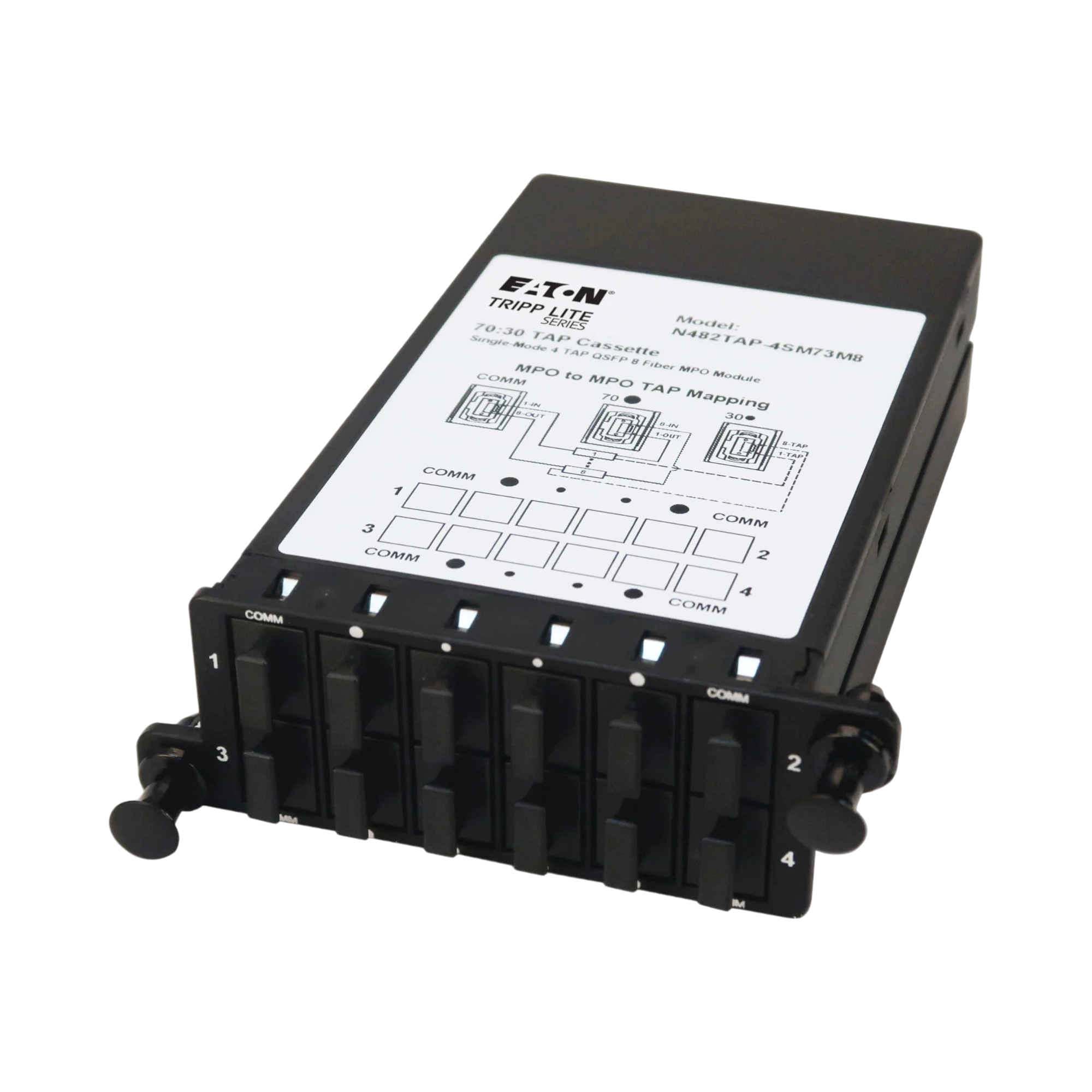 Tripp Lite Fiber TAP Cassette, Singlemode, 8-Fiber MPO to MPO, 4 Monitoring Ports, 70/30 Split image 1