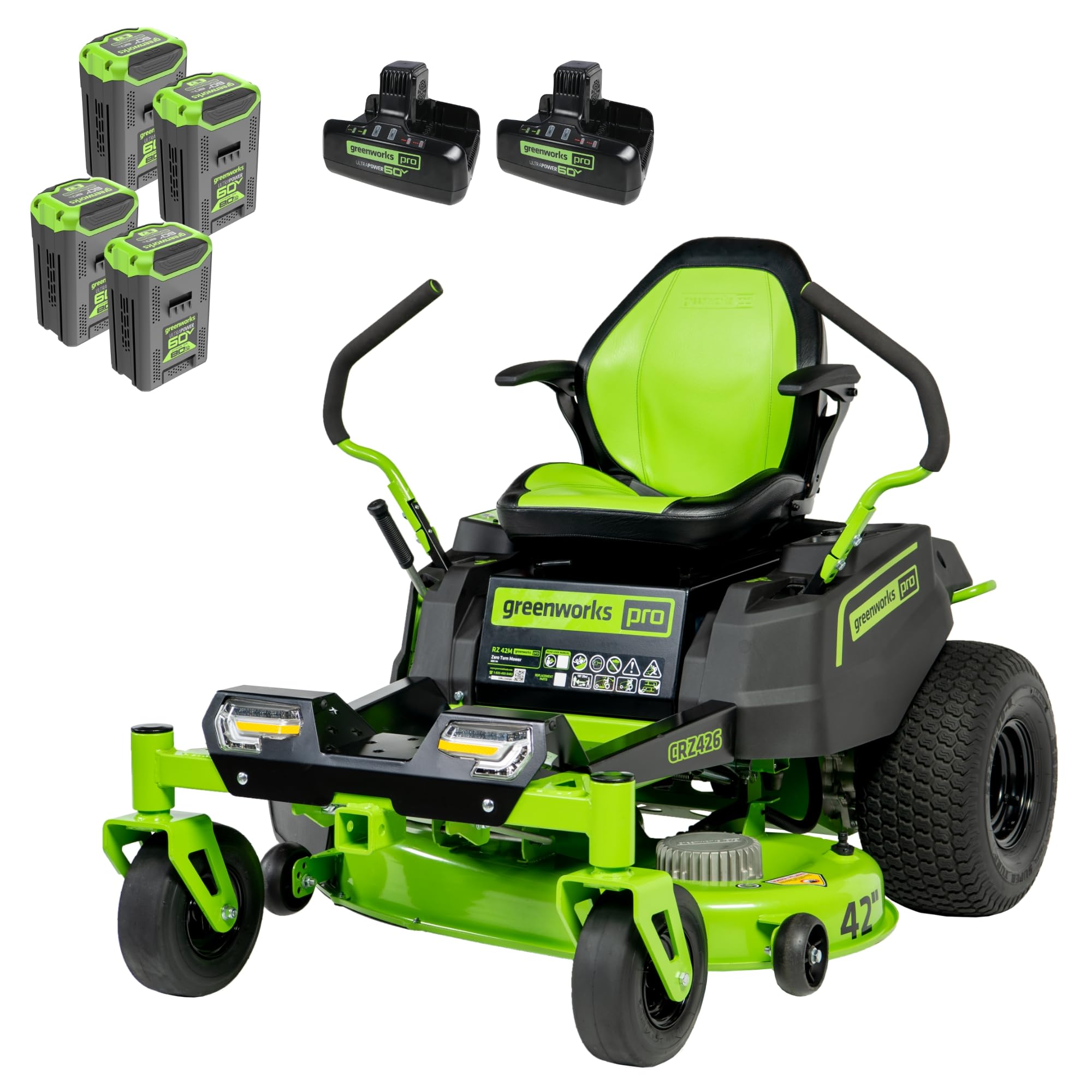 Greenworks 60V 42” Cordless Electric CrossoverZ Zero Turn Riding Mower, (4) 8.0Ah Batteries and (2) Dual Port Turbo Chargers image 1