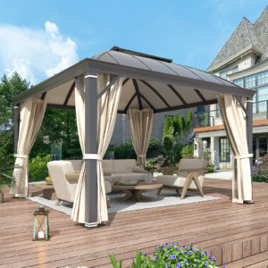 EROMMY 12' x 12' Hardtop Gazebo, Permanent Outdoor Aluminum Patio Gazebo with Aluminum Composite Double Arc Roof, Curtains and Netting Included