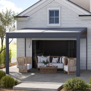 EROMMY Outdoor Louvered Pergola, 10 x 13ft Aluminum Pergola with Adjustable Rainproof Roof, Modern, Dark Grey