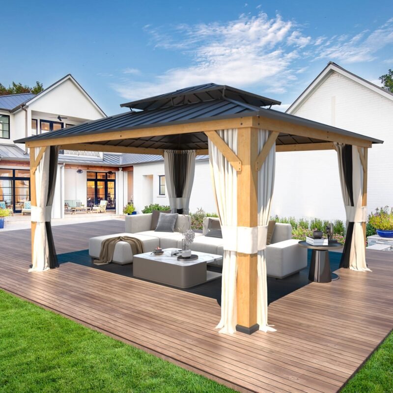 EROMMY 13' x 15' Outdoor Spruce Wood Hardtop Gazebo w/ Double Metal Roof, Curtains & Nettings