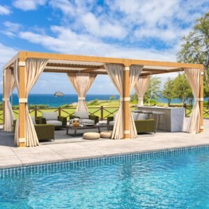 EROMMY 12X20 Adjustable Pergola with Louvers – Wood Grain