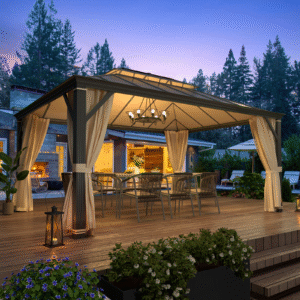 EROMMY 12' x 16' Hardtop Gazebo, Permanent Outdoor Aluminum Patio Gazebo, Double Roof, Patio and Garden, Curtains and Netting
