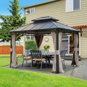EROMMY 10' x 12' Iron Gazebo Hardtop Double Roof w/ Anti-Rust Coating Frame, Waterproof Curtains & Netting