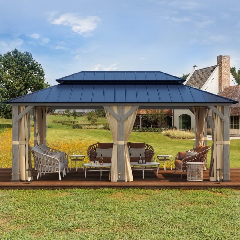 EROMMY 12' x 20' Outdoor Hardtop Gazebo with Cedar Frame and Powder Coated Metal Roof, Vintage Grey