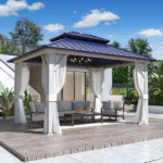 EROMMY 10' X 12' Hardtop Gazebo with Galvanized Steel Roof, All-Season Aluminum Outdoor Pergola with Netting & Curtains for Patio Lawn and Garden, Blue
