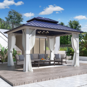 EROMMY 10' X 12' Hardtop Gazebo with Galvanized Steel Roof, All-Season Aluminum Outdoor Pergola with Netting & Curtains for Patio Lawn and Garden, Blue