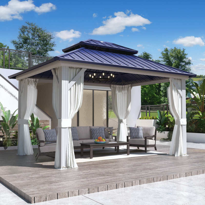 EROMMY 10' X 12' Hardtop Gazebo with Galvanized Steel Roof, All-Season Aluminum Outdoor Pergola with Netting & Curtains for Patio Lawn and Garden, Blue