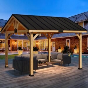 EROMMY 11‘ x 12‘ Hardtop Gazebo, Solid Spruce Wood Gazebo with Waterproof Asphalt Roof, for Lawns, Beach, Patio, Garden