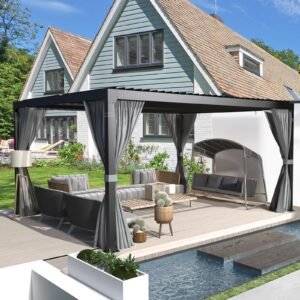 EROMMY 10x12 Outdoor Louvered Pergola with Adjustable Roof– Dark Grey