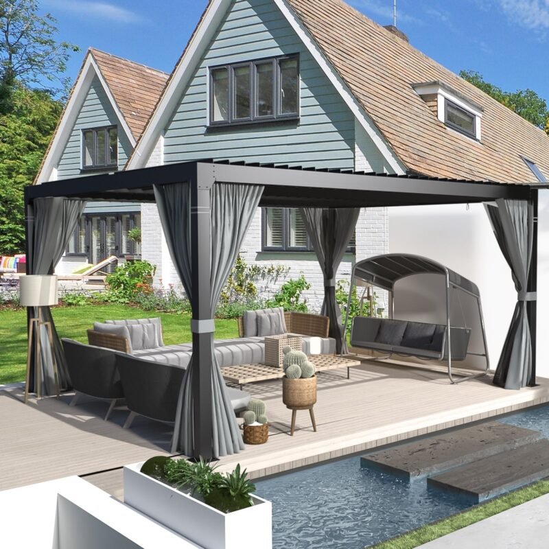 EROMMY 10x12 Outdoor Louvered Pergola with Adjustable Roof– Dark Grey