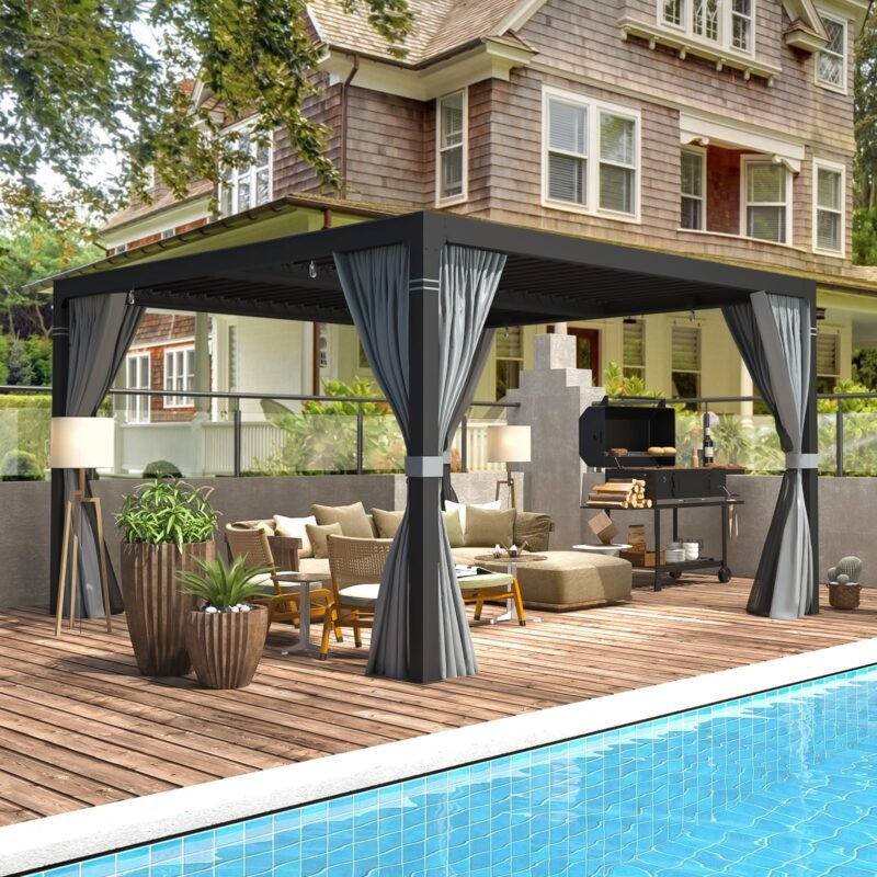 EROMMY 10x10 Louvered Pergola with Waterproof Rain Cover – Dark Grey