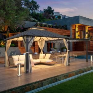 EROMMY 12'x14' Permanent Hardtop Gazebo with 12'x10' Outdoor Pergola, Metal Steel Canopy with Aluminum Composite Roof
