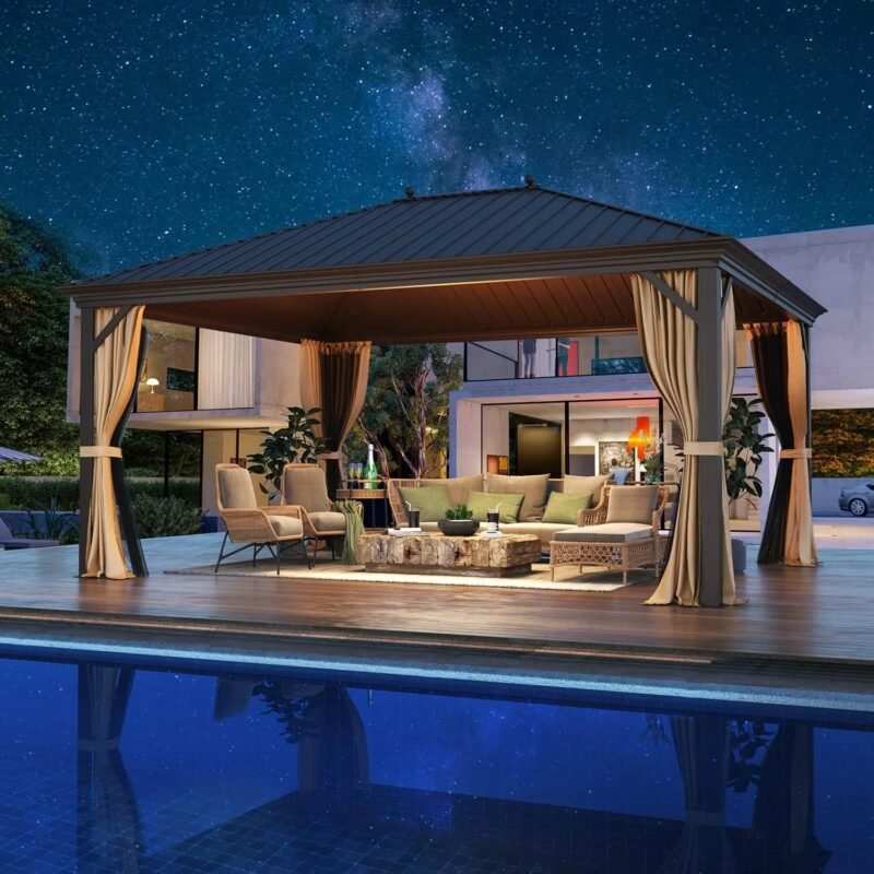 EROMMY 12' x 16' Hardtop Gazebo, Galvanized Steel Metal Single Roof Aluminum Gazebo with Curtain and Netting, Brown Permanent Pavilion