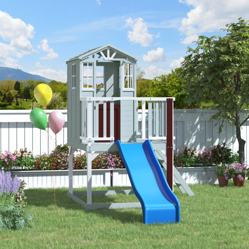 Erommy  Outdoor Wooden Playhouse for Kids - Fir Tree House with Slide, Climbing Ladder & Play Kitchen | Ages 4-8, Gray