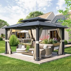 EROMMY 12' x 14' Hardtop Gazebo Outdoor Double Roof with Curtains and Netting,  Anti-Rust Coating Frame