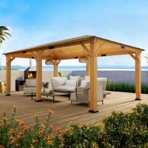 EROMMY 12' x 20' Spruce Wood Gazebo Hardtop, Silent Asphalt Roof Solid Wood Gazebo, for Patio, Lawns, Garden, Yard