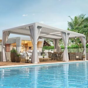 EROMMY 10x20 Louvered Pergola with Outdoor Curtains – White