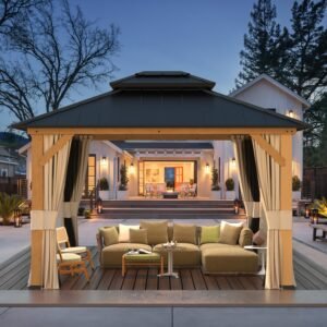 EROMMY 11' x 13' Outdoor Cedar Wood Hardtop Gazebo w/ Double Metal Roof, Curtains & Nettings