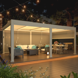 EROMMY 12x20 Electric Louvered Roof Pergola with LED Lights and Screens – White