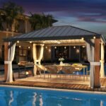 EROMMY 12' x 16' Luxury Ultra-Thick Columns and Beams Hardtop Gazebo with Faux Wood Grain Aluminum Frame, Vertical Stripe Galvanized Steel Single Roof