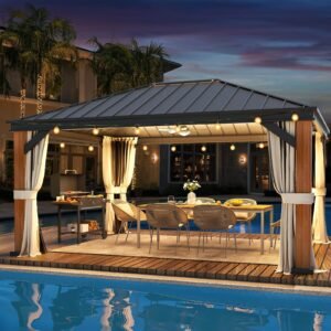 EROMMY 12' x 16' Luxury Ultra-Thick Columns and Beams Hardtop Gazebo with Faux Wood Grain Aluminum Frame, Vertical Stripe Galvanized Steel Single Roof