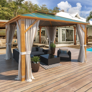 EROMMY 10'x12' Gazebo, Outdoor Wood Grain Hardtop Gazebos, Aluminum Composite Double Roof with Privacy Curtain and Mosquito Net Green