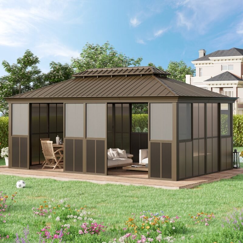 EROMMY 12X20 Enclosed Gazebo for All Season with Sliding Door – Brown