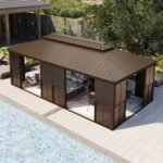 Erommy  12' × 24' Sunroom Patio Hardtop Gazebo, Double Top Galvanized Steel Roof Aluminum Solarium, All-Season Outdoor Pergola with Sliding Doors & Slideable PE Screen Window for Garden, Deck, Backyard