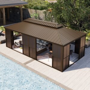 Erommy  12' × 24' Sunroom Patio Hardtop Gazebo, Double Top Galvanized Steel Roof Aluminum Solarium, All-Season Outdoor Pergola with Sliding Doors & Slideable PE Screen Window for Garden, Deck, Backyard