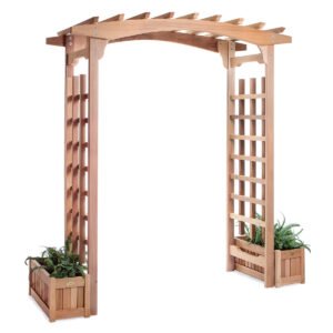 Wooden Garden Arbor with Planter Boxes – Decorative Cedar Trellis Arch for Outdoor Entrances