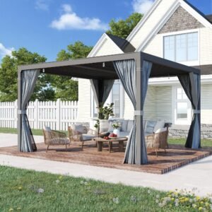 EROMMY 12x12 Pergola with Louvered Roof – Dark Grey