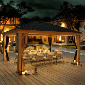 EROMMY 12' x 16' Gazebo Hard-Top Single Roof Canopy Outdoor,Wood Grain Permanent Aluminum Gazebo, for Gardens, Decks, Patios, Parties