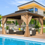 EROMMY 10' x 12' Gazebo, Wooden Finish Coated Aluminum Frame Canopy with Double Galvanized Steel Hardtop Roof, Outdoor Permanent Metal Pavilion