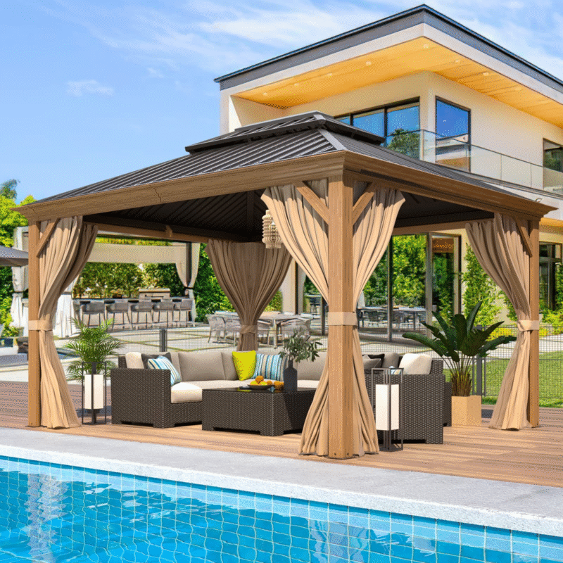 EROMMY 10' x 12' Gazebo, Wooden Finish Coated Aluminum Frame Canopy with Double Galvanized Steel Hardtop Roof, Outdoor Permanent Metal Pavilion